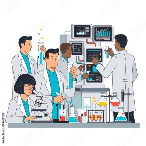 Diverse scientists in lab coats conducting research with equipment and test tubes