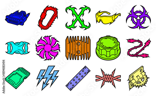 Isometric Industrial Cyberpunk Component Element Kit for Grungy Y2K Technical Graphic Design