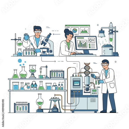 Scientists Conduct Research in Modern Laboratory with DNA and Data Analysis