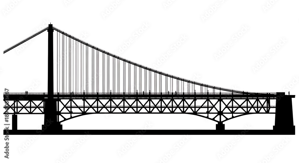 Fototapeta premium Silhouette of a suspension bridge.