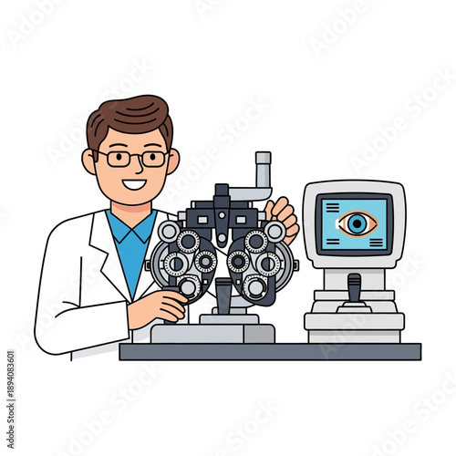 Optometrist with Phoropter and Ophthalmometer, Eye Exam Illustration