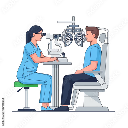 Ophthalmologist examining patient's eyes with phoropter in clinic
