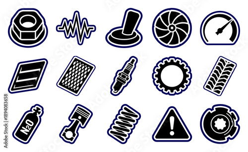 Flat Vector Automotive Component Icon Set for High Performance Racing and Mechanical Engineering Graphic Kit