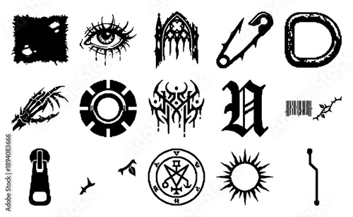 Grungy Cyber-Sigilism and Gothic Underground Graphic Element Kit for Y2K Streetwear and E-Boy Aesthetic