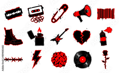 Grunge Punk Rock Underground Subculture Graphic Element Kit for Alternative Music Branding and Streetwear Design