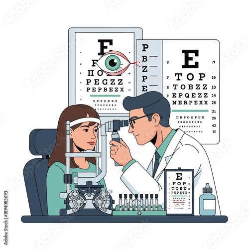 Ophthalmologist examining patient's eye with vision chart and equipment