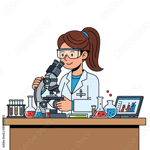 Female Scientist Examining Sample Under Microscope in Laboratory with Equipment and Laptop