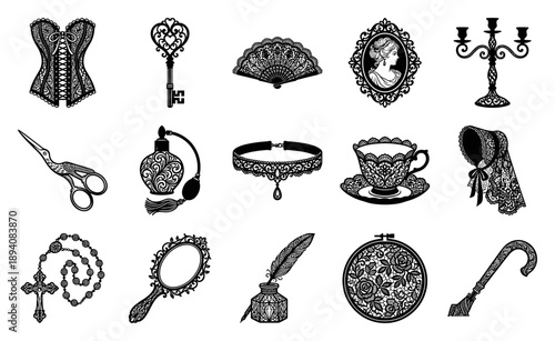 Victorian Filigree Lace Engravings Vintage Ornament Element Kit for Coquette and Dark Academia Aesthetics