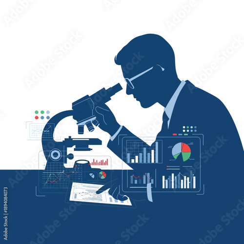 Scientist analyzes data with microscope and digital charts, business research concept