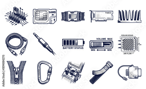 Vintage Engraved Technical Hardware Element Kit for Retro Industrial Design and Mechanical Schematic Graphics