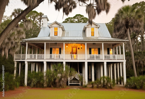 Lowcountry raised cottage in coastal South Carolina, tall wooden piers, wide verandah, tin roof, hanging spanish moss, palmetto trees, humid golden evening