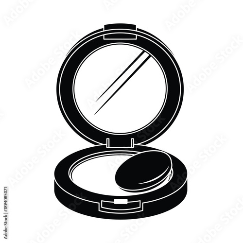 Black and white illustration of an open eyeshadow compact with brush