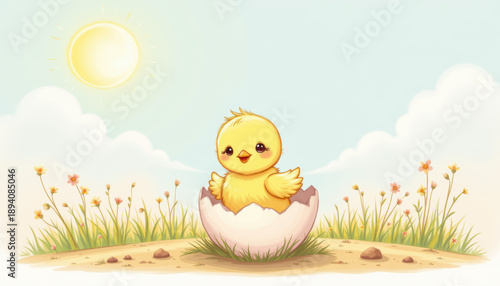 cute newborn chick hatching from egg, line art illustration, use pastel tones for a soft and charming effect, position the chick under midday sun for a warm and inviting atmosphere