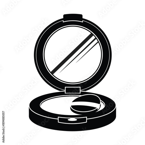 Black and white illustration of a compact makeup case with mirror open showing eyeshadow