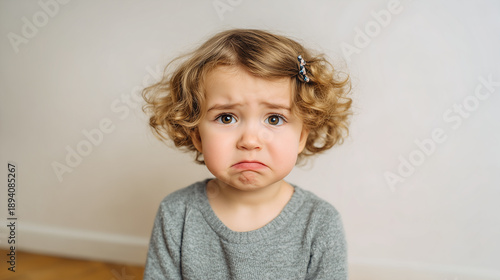 Upset toddler girl with blonde curly hair and a pouting face