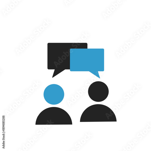 Vector icon of two people with blue and black speech bubbles. Minimalist graphic representing social communication, collaborative dialogue, customer support, and interpersonal networking.
