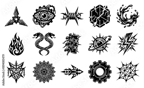 Cyberpunk Neo-Tribal Blackwork Tattoo Elements Asset Sheet for Dark Sci-Fi Branding and Edgy Graphic Design