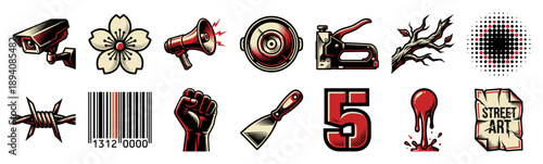 Vintage Woodcut Urban Subculture Graphic Element Kit for Street Art and Activism Design