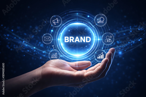 Brand marketing concept with glowing digital icons above a hand representing strategy reputation and growth