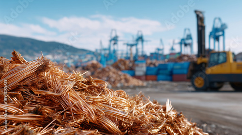 Copper tubing and scrap collected for recycling, close-up shot highlighting metallic sheen, industrial smelter facility defocused in background, sustainability and material recover