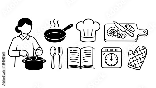 Minimal Kitchen and Cooking Line Icons Representing Recipes, Food Tools, Culinary Skills, and Everyday Home Cooking Activities