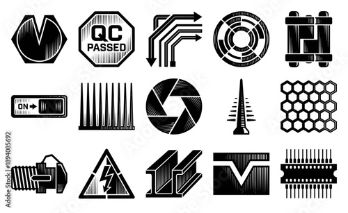 Vintage Woodcut Industrial Engineering Graphics Set for Heavy Manufacturing and Mechanical Design Documentation