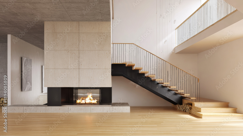 Fototapeta premium A modern interior design with a staircase and fireplace in the living room