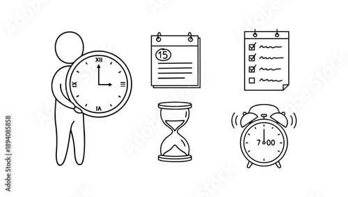 Time Management Doodle Set Showing Planning, Scheduling, Productivity, Deadlines, and Efficient Daily Routine Through Minimal Line Art