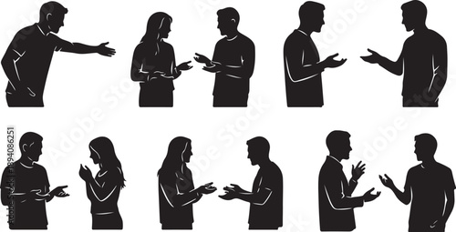 Silhouettes of people communicating in various gestures and postures