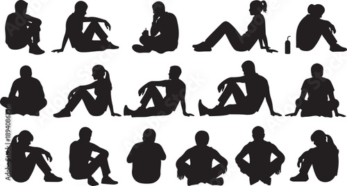 Silhouettes of people sitting in various poses and positions