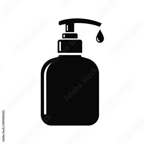 Black silhouette of a hand soap dispenser bottle with a pump and one drop falling