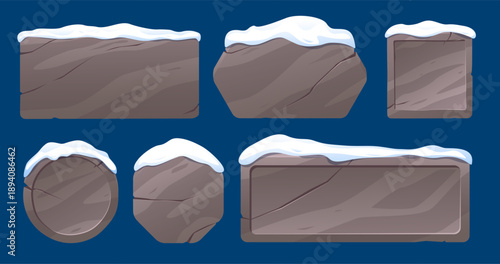 Stone frames of various shapes with snow caps. Christmas empty boards. Round and rectangle frozen billboards. Rock banner covered with snowdrifts. Vector set of stone elements for games