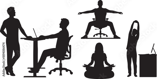 Silhouettes of people in various office yoga poses and stretches