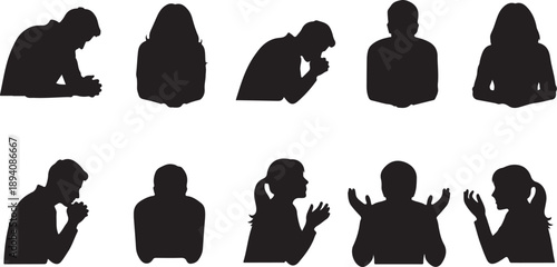 Silhouettes of people expressing various emotions and actions together