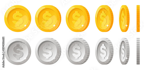 Rotation of gold and silver coins for animation in advertising or games. Money rotating in different positions. Metal dollar flipping. Golden token turn process. Vector financial set