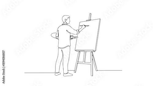Continuous line drawing of an artist focused on painting on an easel, embodying creative expression and artistic pursuit, perfect for creative projects