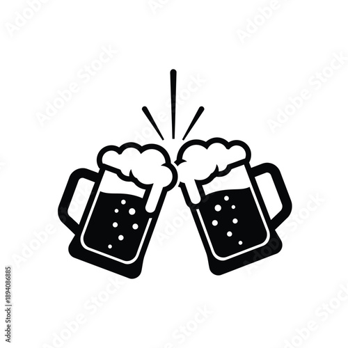 Two beer mugs clinking together with foam and liquid in a celebratory gesture