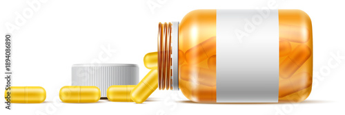 Realistic medicine bottle with open cap and yellow pills or capsules scattered around. Prescription meds flagon. Vitamin and supplement vial. Medical treatment. Vector isolated 3D object