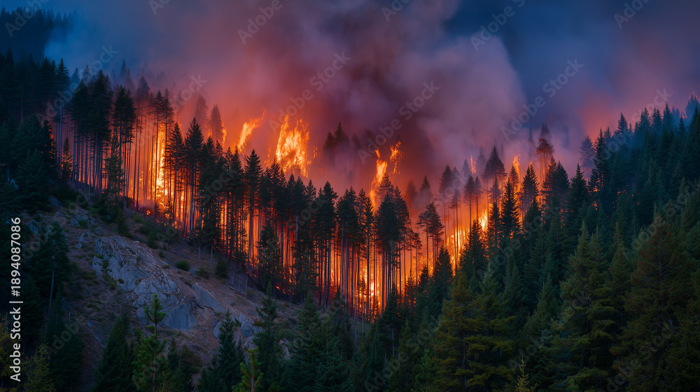 Obraz premium Dense pine forest engulfed in raging wildfire, towering flames and thick smoke rising, ecological disaster, natural habitat destruction, intense orange and red hues, environmental
