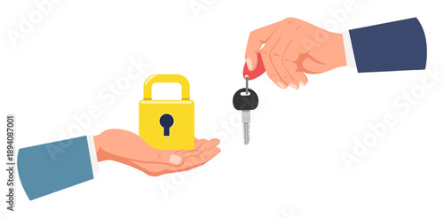 One hand holds lock and other key. Opening up new possibilities. Data encryption password. Arm gives latchkey. Padlock keyhole. Access authentication. Vector concept of solving problem.