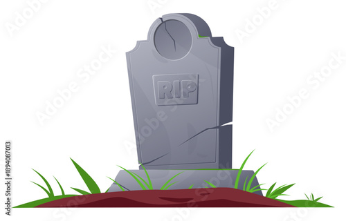 Old stone cemetery monument. Gravestone overgrown with grass. Halloween graveyard. Mystery crypt. Tombstone obelisk with crack fissures. Isolated burial headstone. Vector gothic memorial