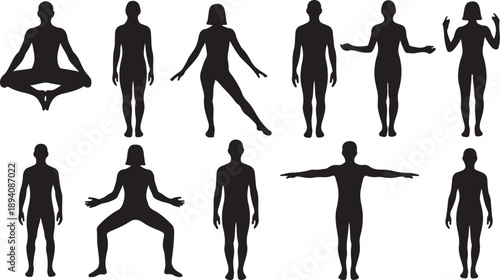 Silhouettes of people in various yoga poses and stretches