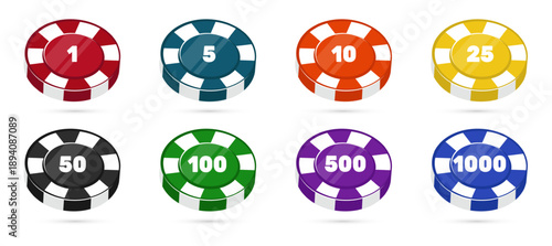 Multicolored poker chips for casinos with value numbers. Tokens for gambling games. Winning plastic circles. Blackjack betting fortune. Roulette wager. Vector isolated gaming objects set