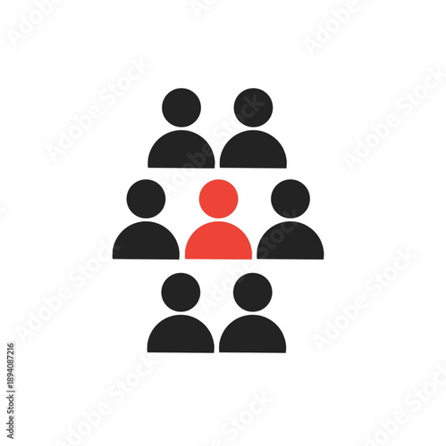 Minimalist vector graphic of six black person silhouettes with one unique red figure in the center. Icon representing leadership, individuality, standout talent, and team management concepts.