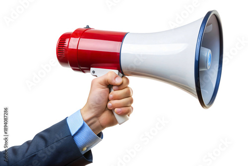 Hand in a business suit holding a red and white megaphone for announcement and call to action. Professional communication clipart element isolated on a transparent background.