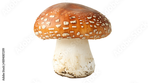 Wild brown mushroom with white spots and thick stem in realistic style. Forest fungi clipart element isolated on a transparent background for nature study and botanical design.
