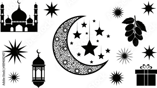 ramadan kareem eid al fitr islamic decorations with mosque lantern moon and stars
