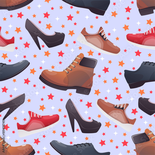 Mens and womens shoes seamless pattern. Leather boots. Casual sneakers and gumshoes with shoelaces. Stylish foot clothing. Repeated print. Male or female footgear. Vector background