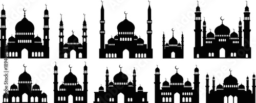Collection of various mosque silhouettes with domes and minarets in different architectural styles