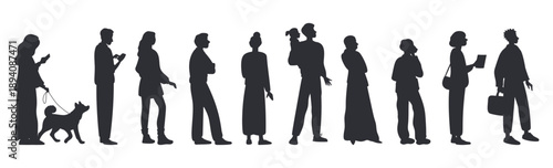 Men, women and children stand in long line. Organized group. People silhouettes side view. Clients standing in queue. Waiting row to cashier or registration. Vector black human figures
